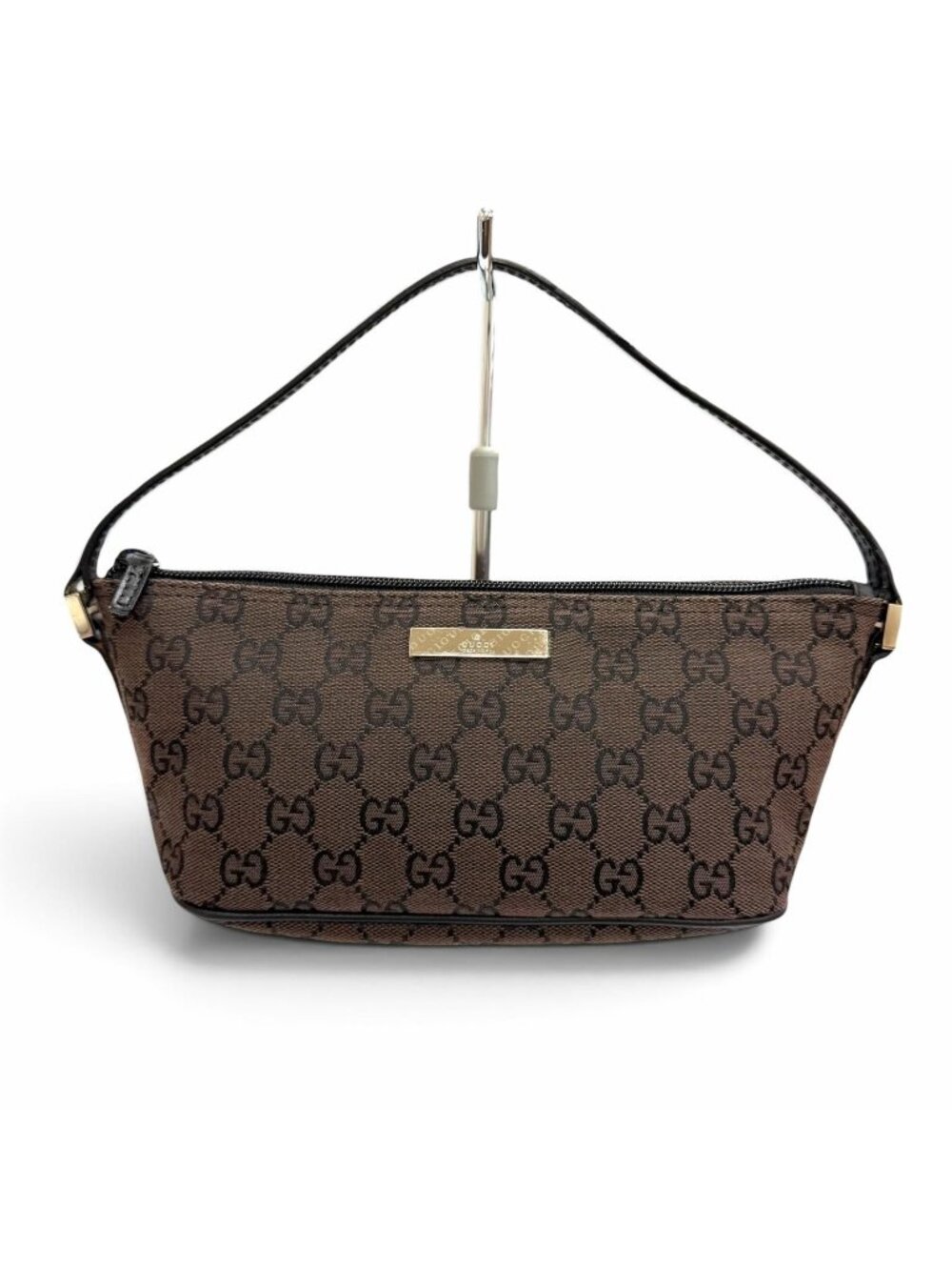 Gucci Vintage GG Canvas Leather Logo Plate Pouch Dark Brown Silver